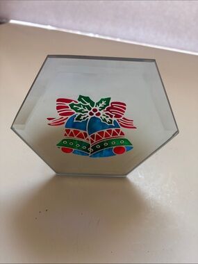 Vintage Hexagonal Glass Votive Holder with Colorful Holiday Bells